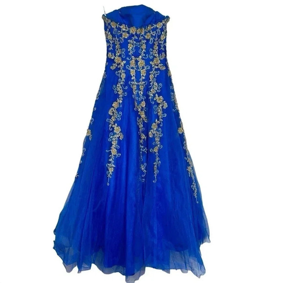 Royal Blue Gold Tulle‎ Strapless Ball Gown Princess Bling Regency Prom Size 2 - Picture 4 of 7